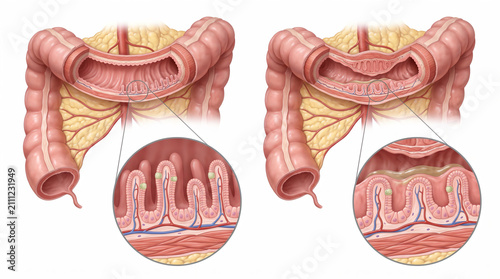Medical illustration comparing healthy intestinal villi with damaged villi affected by celiac disease or inflammation