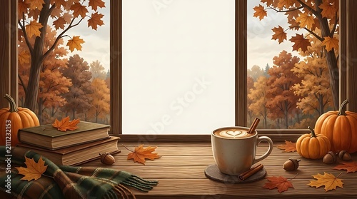 Coffee mug and pumpkins by autumn window view