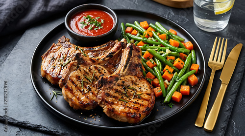 Grilled pork chops with green beans and diced carrots served on a black plate with red tomato sauce and golden cutlery on dark stone surface