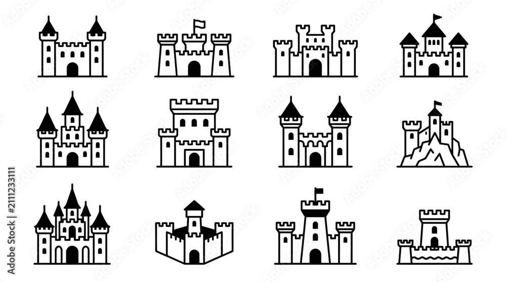 Fototapeta premium Set of various castle and fortress icons in black and white line style.