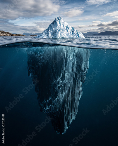 Massive iceberg above and below ocean water illustrating hidden danger