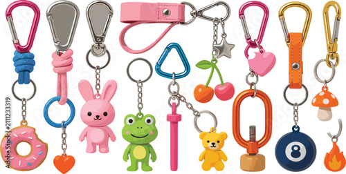 Фотография PrintCute Keychain Trinket Icon Set with Cartoon Frog Rabbit Bear Cherry Mushroo