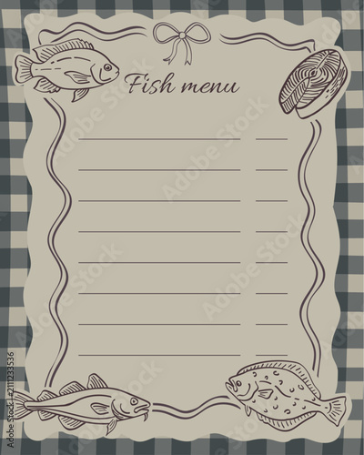 Retro seafood restaurant menu card template. Linocut style line art vector illustration: fresh fish icons, bow, wavy border, price list lines on checkered backdrop. Tavern, seafood bistro menu board