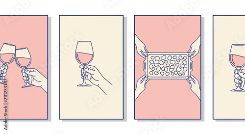 social gathering with friends clinking wine glasses and sharing a homemade meal a minimalist line art illustration.