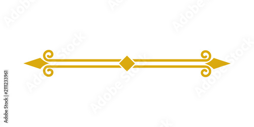 Golden decorative horizontal line divider with arrowheads, scrolls, and a central diamond shape, isolated on transparent background