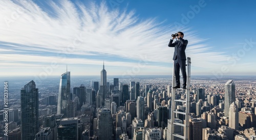 Businessman Standing on Tall Ladder Looking Through Binoculars Over City Skyline for Future Business Opportunities and Vision