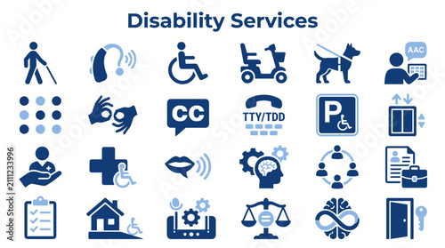 Set of disability services and accessibility icons for inclusive design and equal opportunity