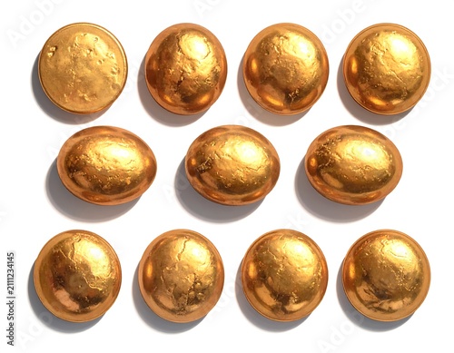Golden Chocolate Coins with Shiny Metallic Wrappers, Sweet Confectionery Treats, Luxury Dessert Presentation, Festive Candy Concept, and Delicious Gourmet Chocolate on a Soft White Background