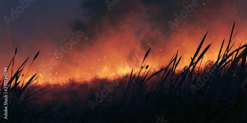 Silhouette of dry grass against fiery orange sky and smoke in background.