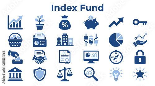 Set of blue index fund and financial investment icons representing banking growth and market analysis for business infographics and digital reports