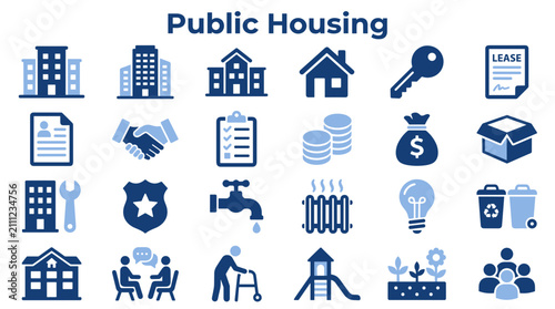 Public housing and social infrastructure icon set featuring residential buildings community services maintenance utilities and assistance symbols
