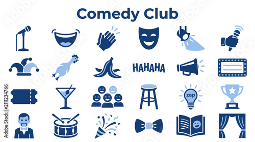 Bild auf Leinwand Comedy club icons set featuring entertainment symbols for stand up performance a