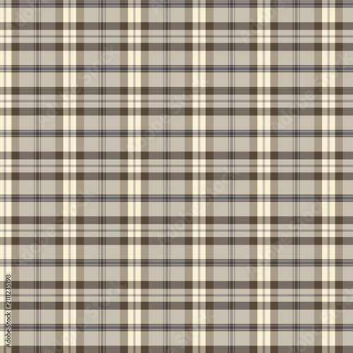Seamless plaid and tartan fabric pattern, classic checkered textile design swatch with traditional check lines in neutral grey, brown, and cream tones.