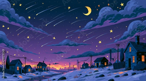 Suburban neighborhood under meteor shower night sky with colorful houses and street.