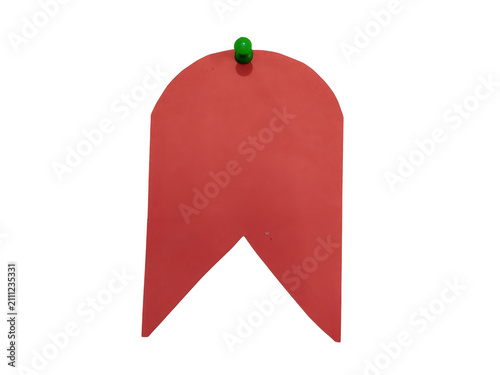 Red paper bookmark banner attached with a green push pin