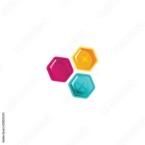 Three colorful hexagonal shapes arranged on a plain white background.