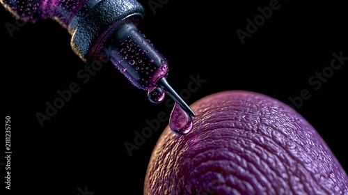 Macro view of medical syringe needle releasing drop of purple fluid onto textured surface.