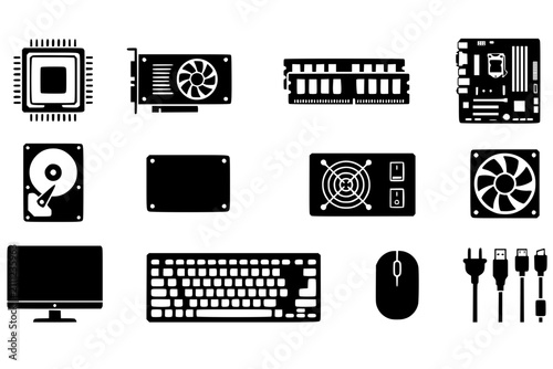 Comprehensive Set of Desktop Computer Hardware Components and Essential PC Building Device Silhouettes