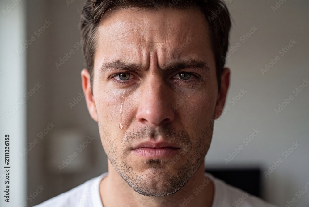 Naklejka premium Close-up portrait of a man with tears streaming down his face, expressing deep sadness and despair.