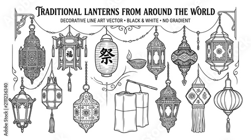 Collection of traditional decorative lanterns from around the world in a black and white line art vector style.
