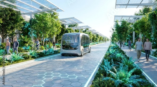 Futuristic eco-friendly street with autonomous shuttle.