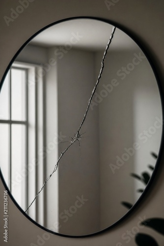 Crack on a smooth mirror surface disrupting a reflection, soft window light.