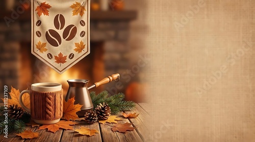 Coffee mugs by fireplace with autumn leaf decorations.