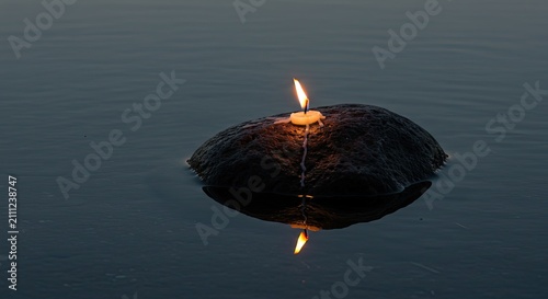 Peaceful floating candle on water surface.