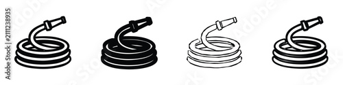 Фотография A collection of four stylized icons representing a coiled garden hose with a noz