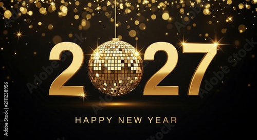 Happy new year 2027 greeting with gold disco ball