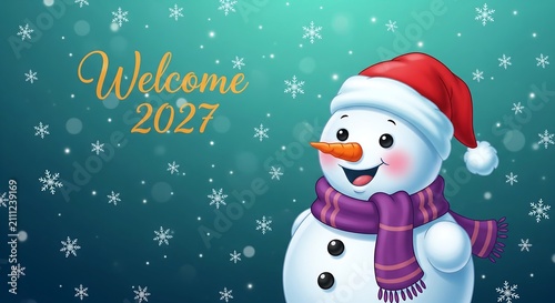 Happy snowman wearing a red hat and purple scarf for 2027