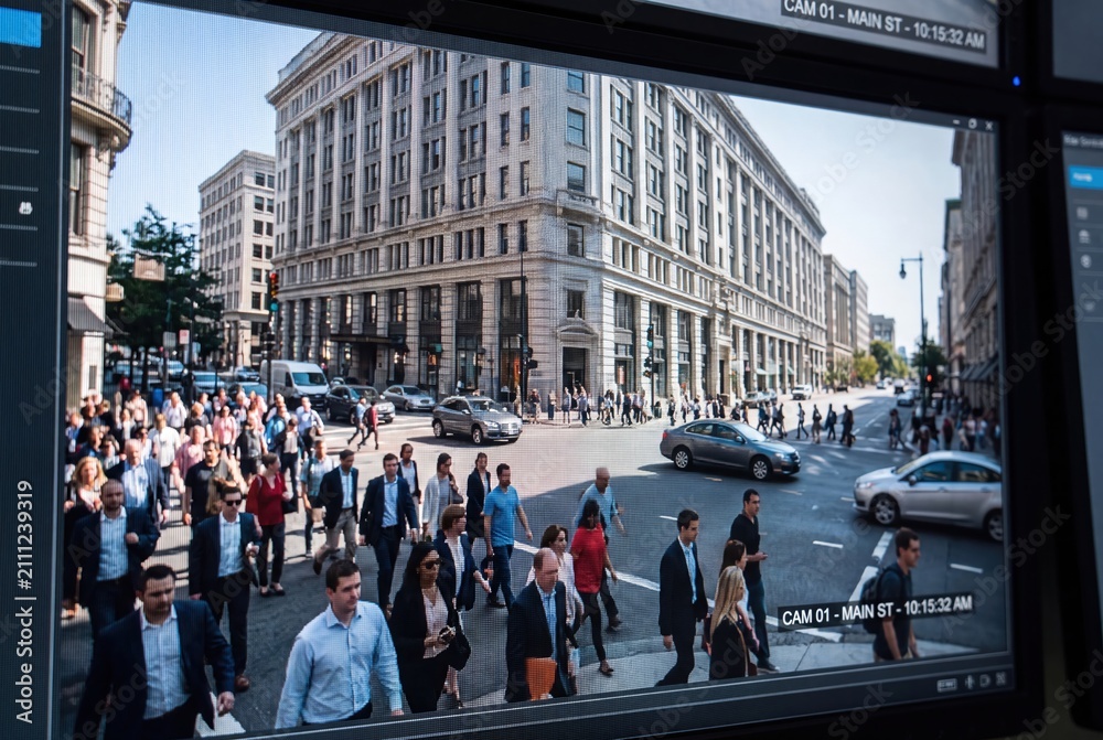 Obraz premium Busy city street scene with pedestrians and cars, captured by security surveillance camera.