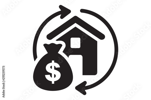 House with money bag and circular arrows black silhouette icon