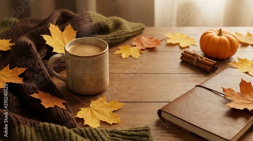 Coffee mug with leather journal and small pumpkin.