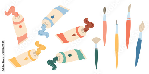 Artists Painting Supplies Set. Paint Tubes and Brushes. Hand Drawn Vector Illustration Collection. Educational Creative Concept