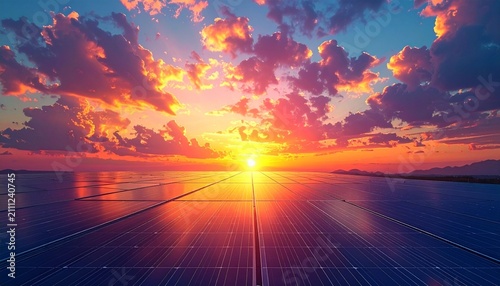 Solar panels set against a spectacular sunrise sky, symbolizing the concept of clean, alternative energy.