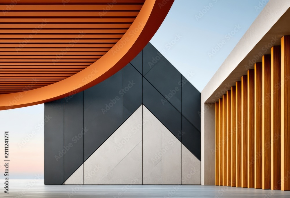 Obraz premium Abstract modern architecture with geometric panels, orange canopy and wooden vertical slats in minimal composition