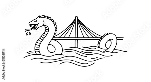 Canvastavla Giant Mythical Sea Serpent Swimming Under Modern Cable Stayed Bridge Line Art Il
