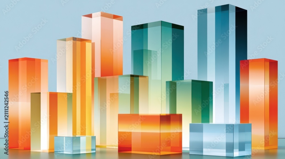 Fototapeta premium Colorful abstract glass cityscape with geometric crystal blocks and reflective towers
