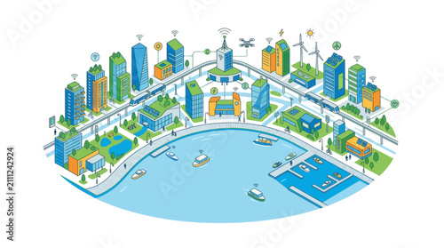 Obraz na plátně Smart City Illustration: Futuristic Urban Technology, Connectivity, and Sustaina