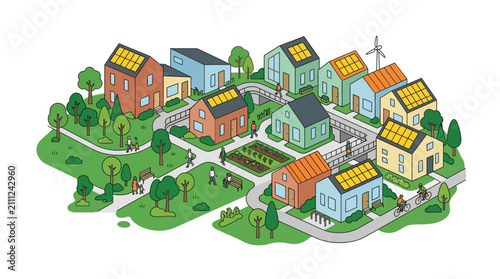 Foto Sustainable Eco Village Community with Solar Panels and Green Spaces
