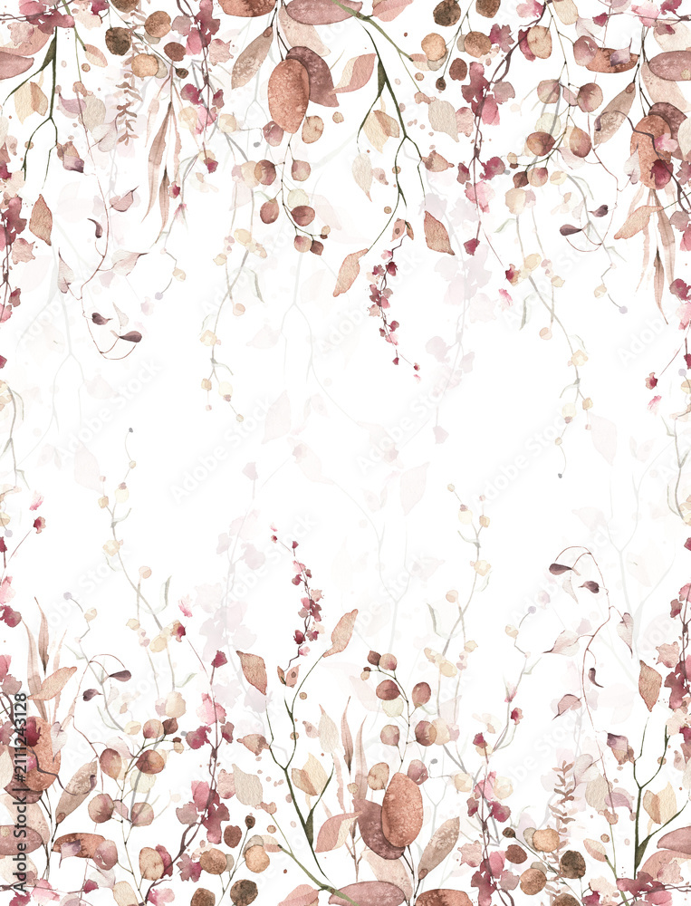 Fototapeta premium Watercolor painted foliage floral seamless border. Orange and pink autumn wild flowers, branches, leaves and twigs. Fall nature hand drawn design clipart.