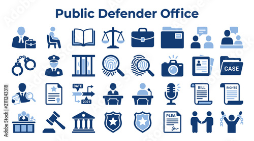 Bild auf Leinwand Set of public defender office and legal system icons representing courtroom proc