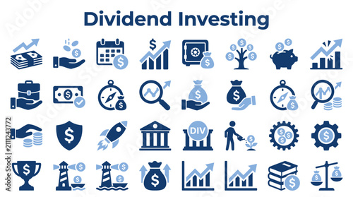 Set of dividend investing icons featuring financial growth money management and investment strategy symbols in blue flat style