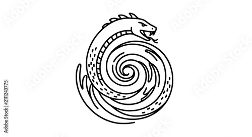 Photos Minimalist Mythical Sea Serpent Coiled in a Water Swirl Line Art Illustration