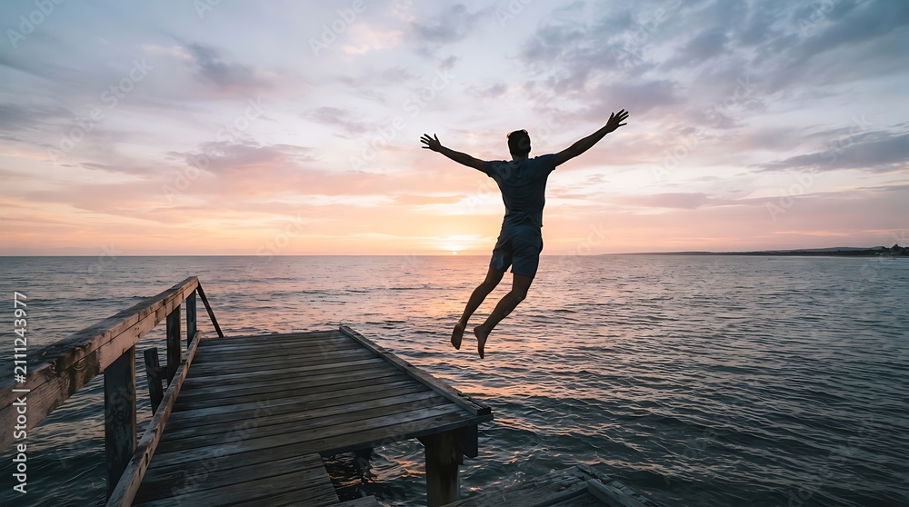 Fototapeta premium Man leaping joyfully over wooden dock at sunset. Dynamic action shot of freedom and exhilaration by the ocean.