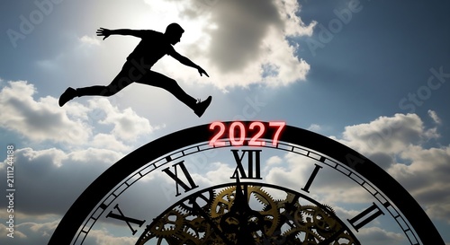 Man jumping over a large clock showing the year 2027