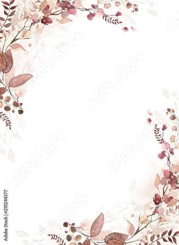 Watercolor floral and fall foliage round frame. Red, burgundy, brown, beige and pink autumn wild flowers, eucalyptus branches, leaves and twigs. Fall nature hand drawn design clipart.