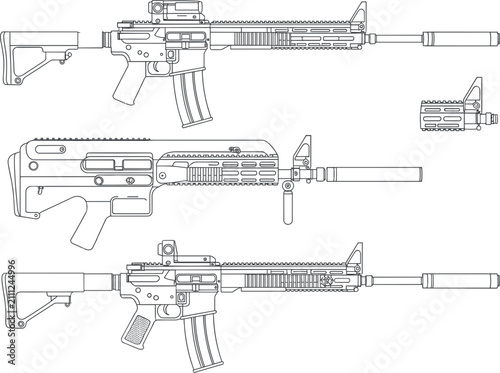 Fotografía Detailed tactical rifle blueprint, modern assault weapon technical line drawing