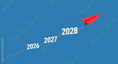 Red paper plane flying towards 2028 on blue background